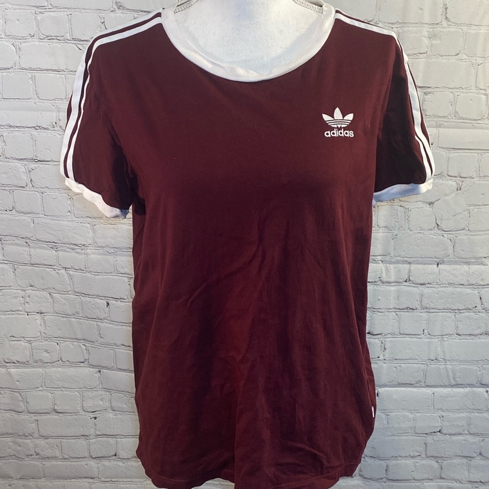 ADIDAS Women's Burgundy & White Short Sleeve T Shirt-Small